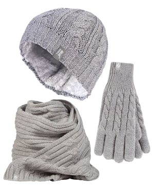 Heat Holders Dames Gebreide Muts Handschoen & Sjaal Set - Lichtgrijs