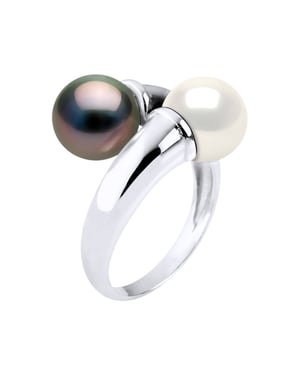 Ring U & Ik Prestige van Zilver 925 Geverfd met Rhodium, versierd met Echte Gecultiveerde Tahitiaanse Parel en FRESHWATERKLEUR NATUURLIJK WIT - 8-9 mm