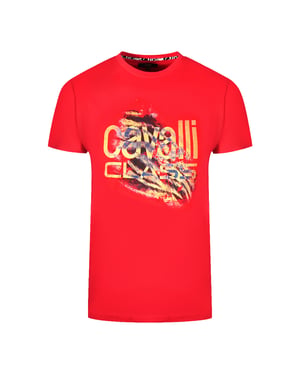 Cavalli Class Gescheurde Tijgerprint Bold Logo Rode T-shirt