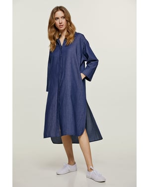 Indigo midi jurk met zijsplitten