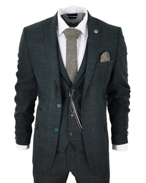 Heren 3-delige Wolkostuum Olijfgroen Tweed Ruit Peaky Blinders 1920 Gatsby Formeel
