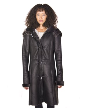 Dames zwarte schapenvacht duffelcoat met capuchon-Ottawa