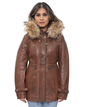 Dames lederen parka jas met capuchon-Putian