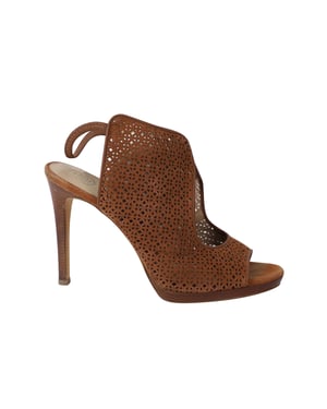 Tory Burch Laser Cut Peep-Toe Sandalen in Bruin Leer