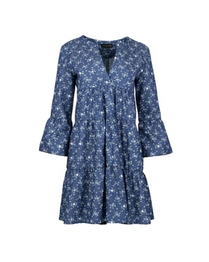 Indigo bloemen jurk met geplooide naden