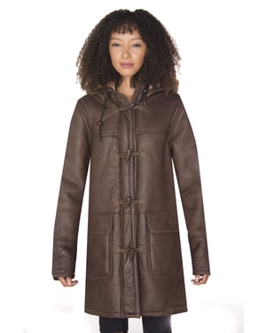 Dames bruine schapenvacht leren duffelcoat met capuchon-Charlotte