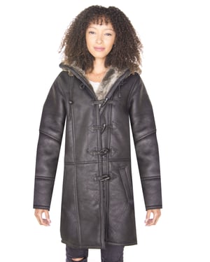Dames zwarte shearling duffelcoat met capuchon-Lille