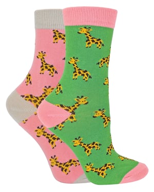 Set van 2 sokken met dierenprint voor meisjes | Miss Sparrow | Casual grappig patroon crew bamboe sokken | Grappige nieuwe sokken voor kinderen - Giraffen
