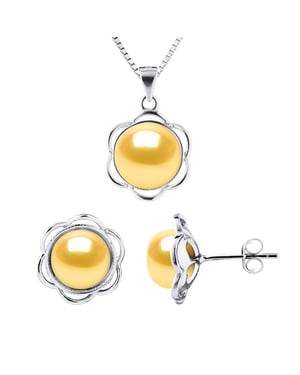 Versiering ketting en oorbellen PETAL Freshwater Pearl 8-9mm Golden 925