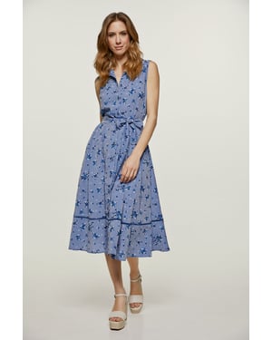Indigo bloemen jurk met knoopdetail