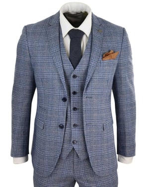 Heren 3-delige Blauw Grijze Tweed Check Vintage Retro Pak
