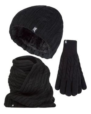 Heat Holders Dames Gebreide Muts Handschoen & Sjaal Set - Zwart