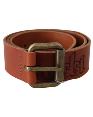 Just Cavalli Damesriem Bruin leder Logo Brons Rustiek Metalen Gesp