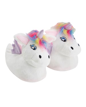 Eenhoorn pluche pantoffels voor kinderen met regenbooghaar - Wit