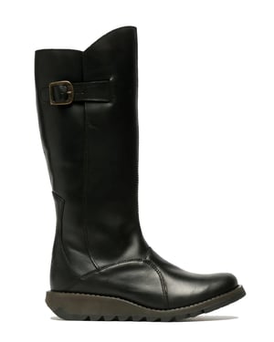 Fly London Dames Zwarte MOL 2 Leren Wedge Heel Kniehoge Rits Laarzen