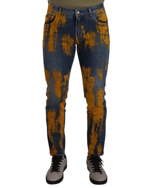 Dolce & Gabbana Blauwe Gele Verf Katoenen Skinny Heren Denim Jeans