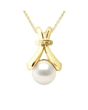 Halsketting Sieraad Diamant 0,01 Ct Geel Goud en Echte Gecultiveerde Zoetwaterparel Knop 6-7 mm