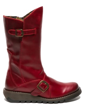 Fly London Dames Rode MES 2 Wedge Heel Buckle Mid-Calf Leren Zip Platform Laarzen