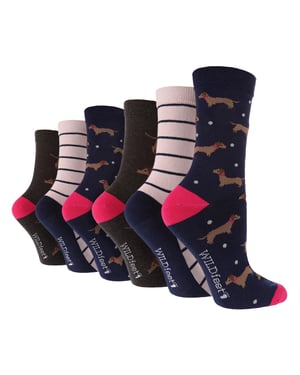 Wildfeet - 6 Paar Multipack Dames Crew Sokken - Leuke Dierenpatroon Sokken - Dashchchund