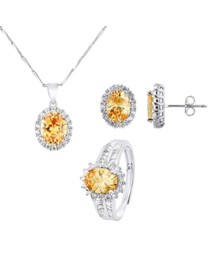 Ketting set, oorbellen en verstelbare ring oranje saffier kleur en zirkonium zilver oxiden 925 - Diana