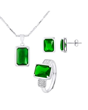 Ketting set, oorbellen en verstelbare ring "smaragdgroene kleur" kristal en zirkoniumoxiden 925 - Gatsby
