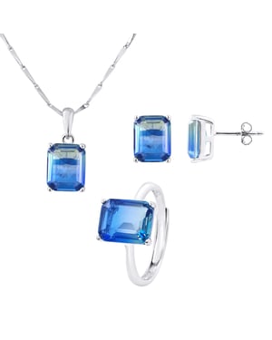 Ketting set, oorbellen en verstelbare ring tweekleurige kristallen groen blauw zilver 925 - Anais