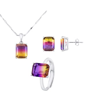 Ketting set, oorbellen en verstelbare ring kristal geel paars zilver 925 - Anais