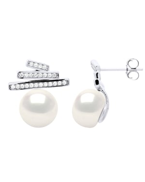 Oorbellen Strips met Cubic Zirconia - Echte Gecultiveerde Zoetwaterparel Knop 9-10 mm