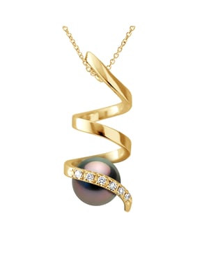 Hangertje Spiraal Diamanten 0,06 Ct - Kwaliteit HSI - Geel Goud - Echte Gecultiveerde Tahiti Parel Rond 7-8 mm