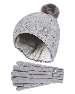 Heat Holders Meisjes Cable Bobble Muts En Handschoenen Set - Frost Gray Melange