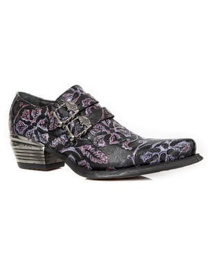 New Rock Vintage paarse bloemen lederen gesp schoenen-7960-S8