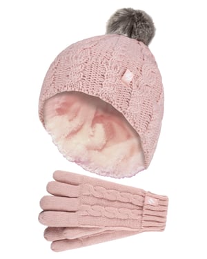 Heat Holders Meisjes Cable Bobble Muts En Handschoenen Set - Schemerig Roze