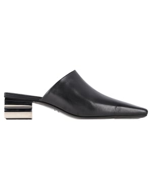 Balenciaga Typo Chrome Hak Slides in Zwart Leer