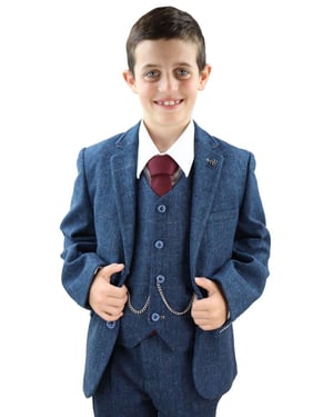 3-delig blauw visgraat tweed geruit klassiek pak voor jongens