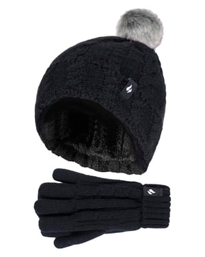 Heat Holders Meisjes Cable Bobble Muts En Handschoenen Set - Zwart