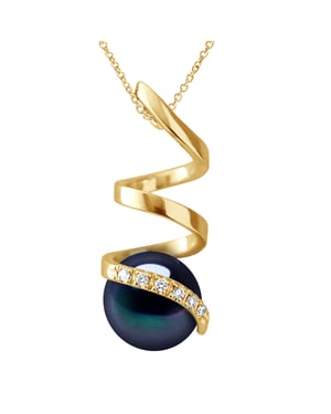 Diamond Pendant 0.060 Cts Gekweekte Pearl Zoetwater 7-8mm Ronde Black Yellow Gold