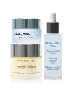 Vitamine C + CBD | Pro-Glow Frisse Vit C Dagcreme 50ml + Hyaluronzuur + CBD Moleculaire Vochtstroom Oogcreme 20ml + Hyaluronzuur + CBD Vochtstroom Serum 30ml
