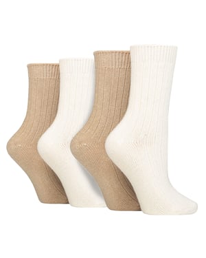 Wildfeet - 4 Paar Dames Cashmere Boot Sokken | Ribgebreide Wollen Bed Sokken - Zand