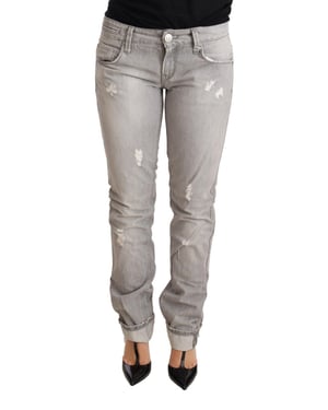 Acht Grijze Versleten Katoenen Slim Fit Jeans
