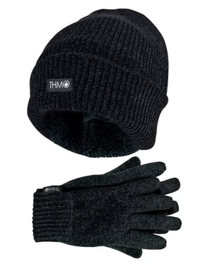 THMO - Dunsulate Chenille Muts & Handschoenen Set voor dames - Zwart