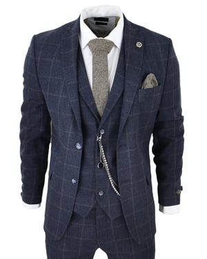 Heren 3-delige Wollen Pak Marineblauw Tweed Ruit Peaky Blinders 1920 Gatsby Formeel