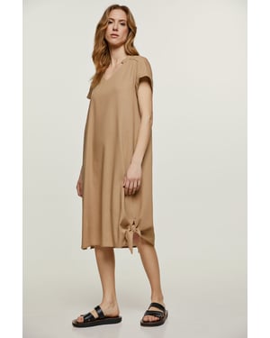 Beige Midi Jurk met Strikdetail