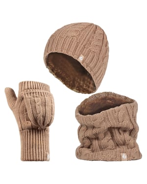 Heat Holders dameshoed, nekwarmer handschoenen set - Beige