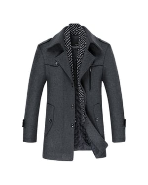 Heren winter verdikte effen kleur revers casual wollen jas met gestreepte kraag grijs