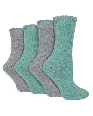 Wildfeet - 4-Paar Dames Kabel Brei Sokken | Lurex Glittersokken voor Vrouwen - Grijs Groen