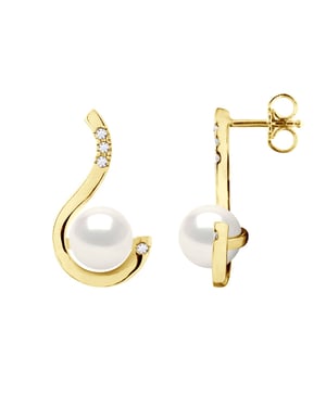 Oorbellen Prestige - Diamanten 0,08 Cts - Kwaliteit HSI - Wit Goud - Echte Gecultiveerde Zoetwaterparels Rond 7-8 mm
