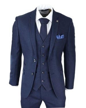 Heren 3-delige marineblauwe birdseye tweed klassieke pak