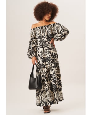 Bardot maxi-jurk met mono-randprint