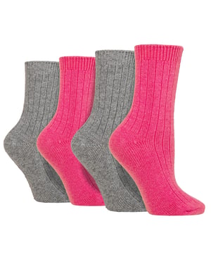 Wildfeet - 4 Paar Dames Cashmere Boot Sokken | Ribgebreide Wollen Bed Sokken - Roze / grijs