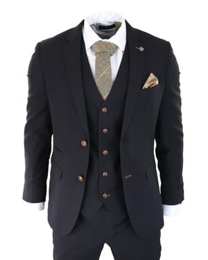 Heren zwart 3-delig pak bruin trim klassieke Birdseye vintage bruiloft bruidegoms